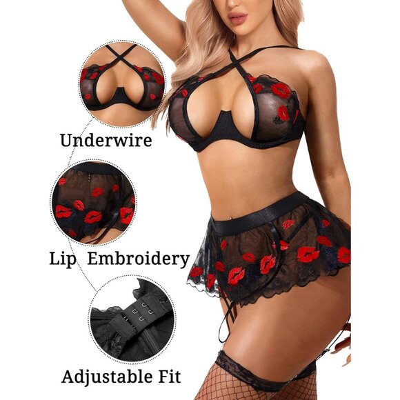 Women Red Lip Garter Lingerie Set with Underwire 3 Piece Lace High - Picture 5 of 6